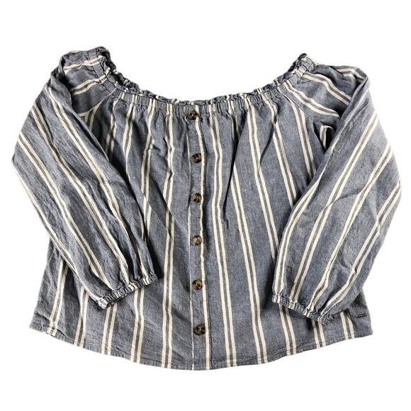 Guess Womens Small Blue White Pin Stripe Off Shoulder Linen Blend Top - Picture 1 of 7